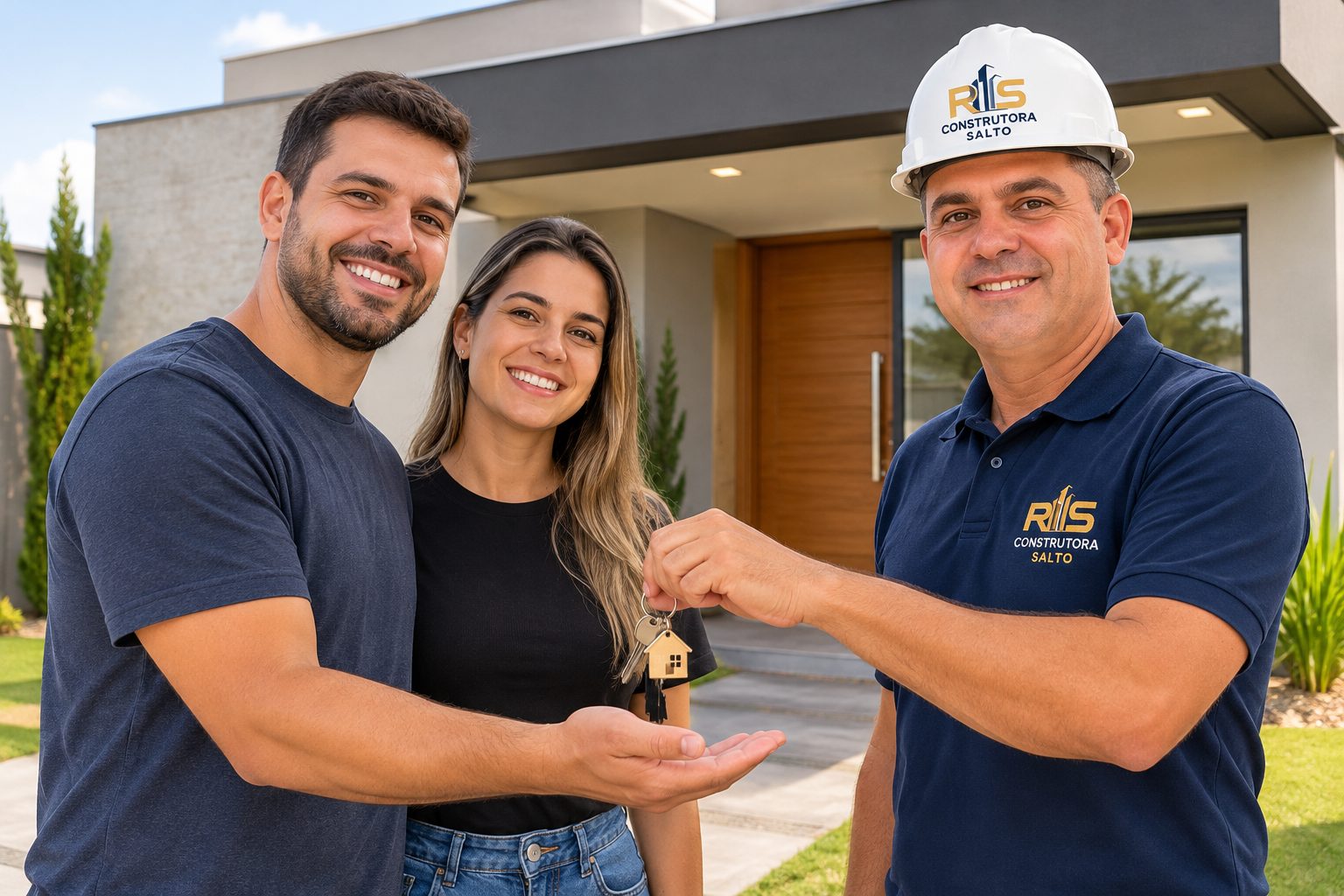 Rosivaldo, mestre de obras da RS Construtora Salto, entregando a chave da casa nova a um casal feliz