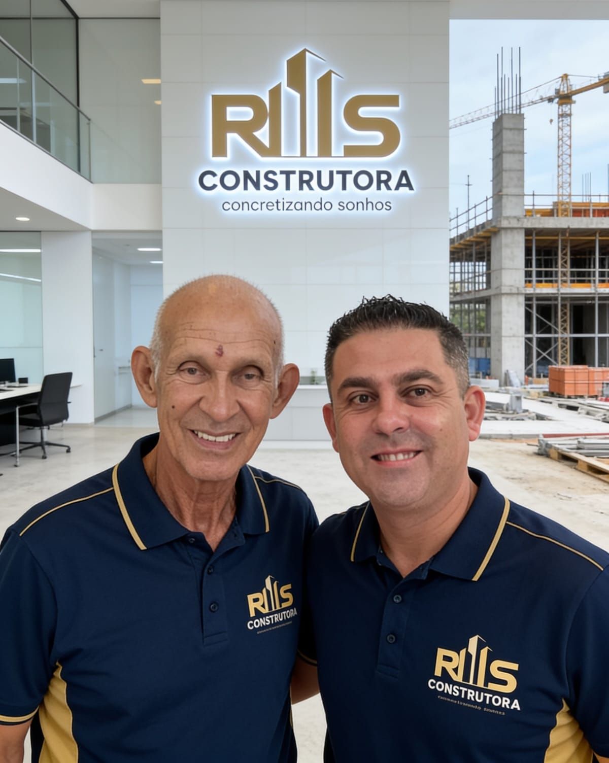 Rosivaldo da Silva abraçado ao pai, os dois com a camisa da RS Construtora